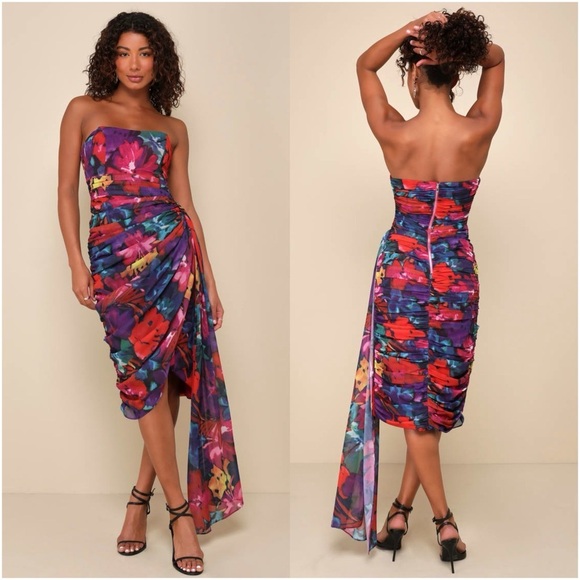 Lulus Dresses & Skirts - LULU’S Uncommon Aesthetic Black Floral Strapless Bodycon Midi Dress